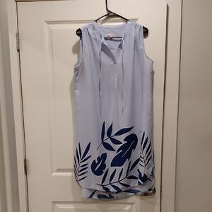 Sleeveless Light Blue Dress with Navy Leaf Print